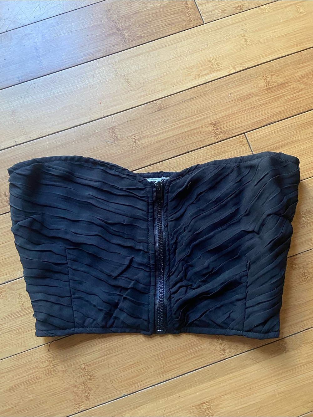 Textured Strapless Black Crop Top with Front Zip